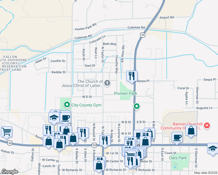map of restaurants, bars, coffee shops, grocery stores, and more near 450 North Taylor Street in Fallon