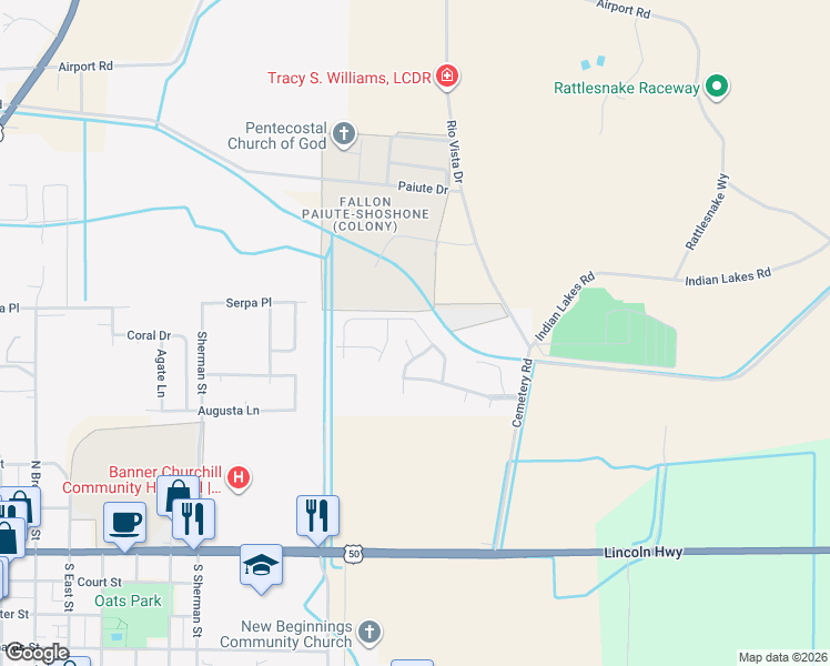 map of restaurants, bars, coffee shops, grocery stores, and more near 1232 Green Valley Drive in Fallon