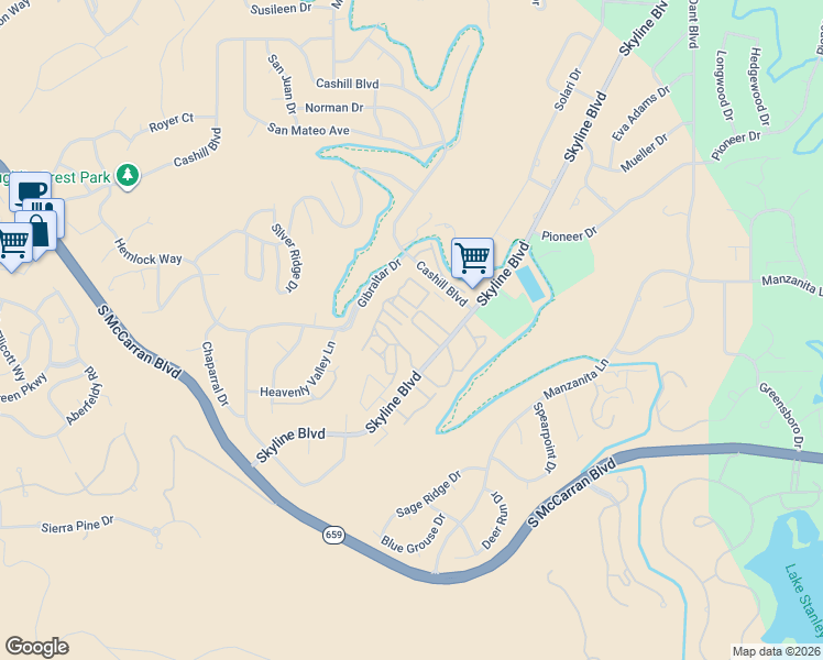 map of restaurants, bars, coffee shops, grocery stores, and more near 3125 Villa Marbella Circle in Reno