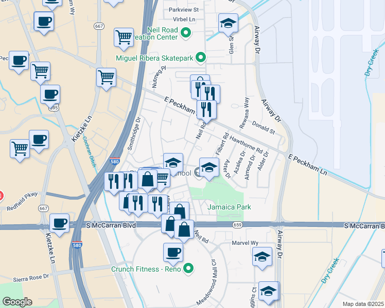 map of restaurants, bars, coffee shops, grocery stores, and more near 34 Neil Road in Reno