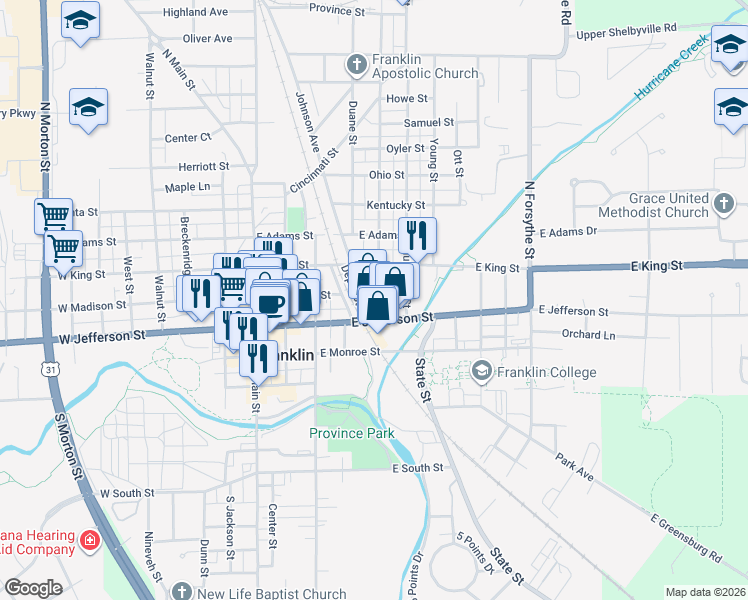 map of restaurants, bars, coffee shops, grocery stores, and more near 365 East Madison Street in Franklin