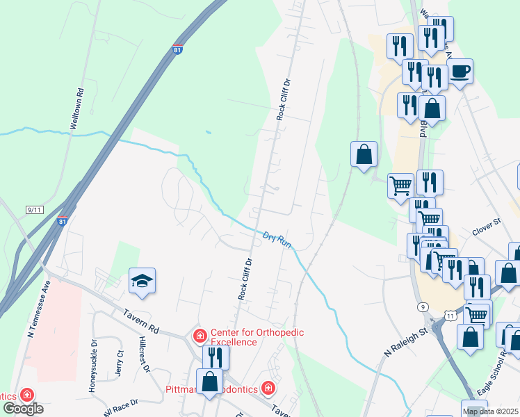 map of restaurants, bars, coffee shops, grocery stores, and more near Rock Cliff Drive in Martinsburg