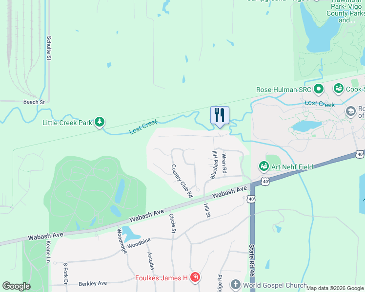 map of restaurants, bars, coffee shops, grocery stores, and more near 164 Country Club Road in Terre Haute
