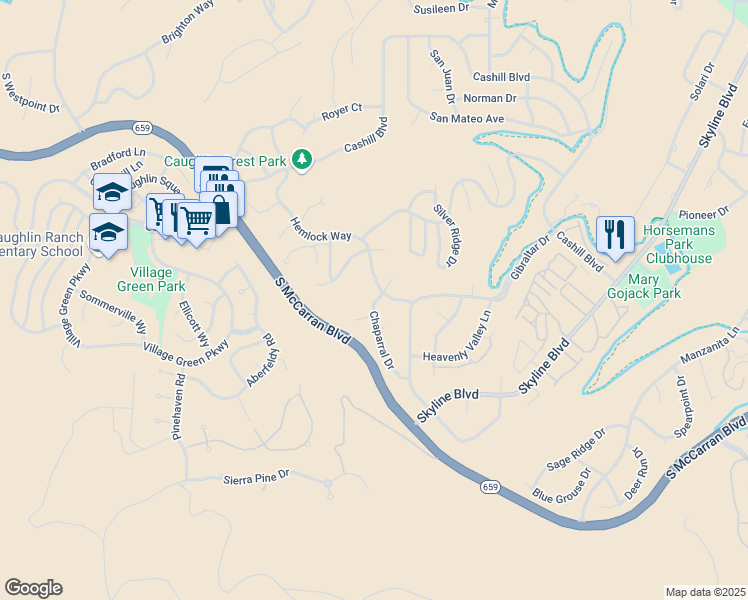 map of restaurants, bars, coffee shops, grocery stores, and more near 2601 Chaparral Drive in Reno