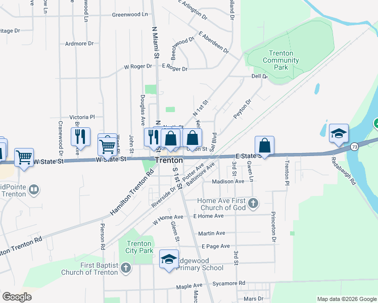 map of restaurants, bars, coffee shops, grocery stores, and more near 210 East State Street in Trenton