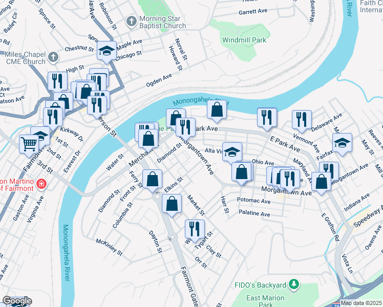 map of restaurants, bars, coffee shops, grocery stores, and more near 401 Morgantown Avenue in Fairmont