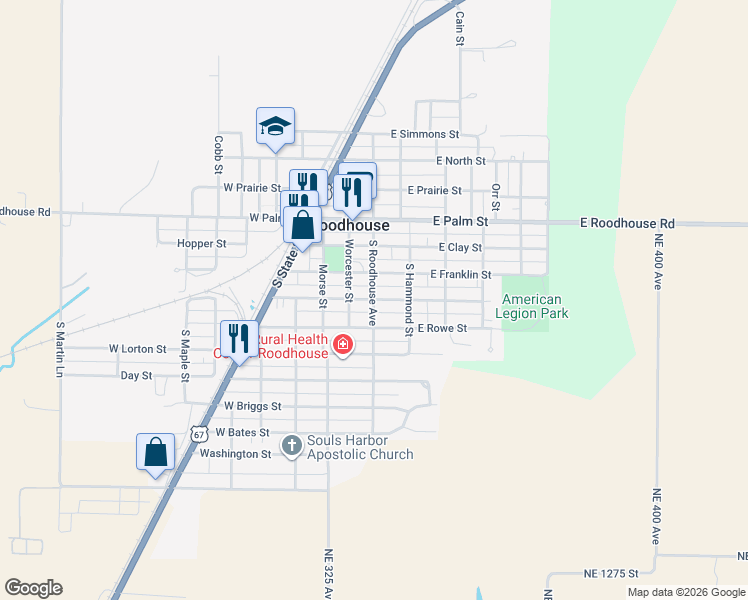 map of restaurants, bars, coffee shops, grocery stores, and more near 101 East Randolph Street in Roodhouse