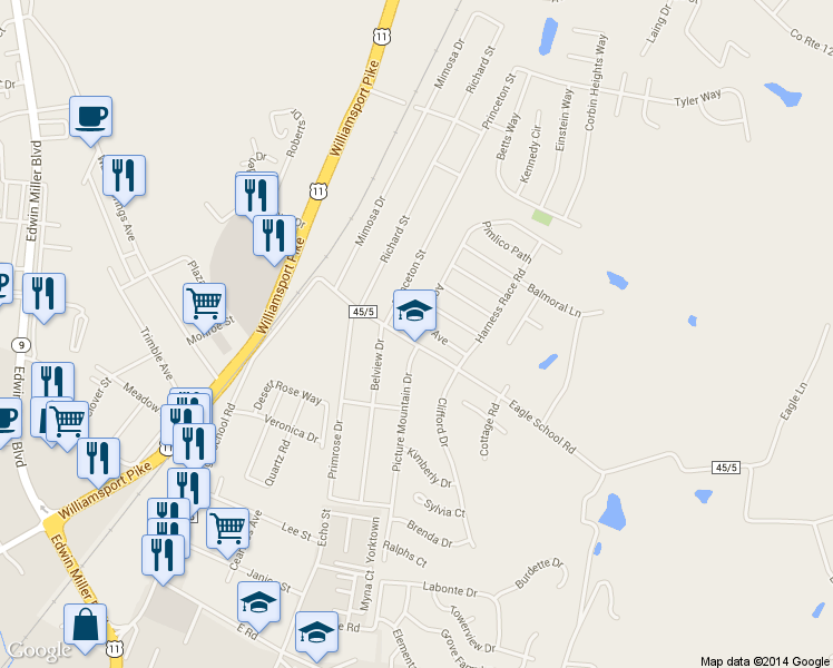 map of restaurants, bars, coffee shops, grocery stores, and more near 1107 Eagle School Road in Martinsburg