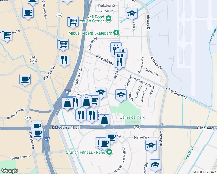 map of restaurants, bars, coffee shops, grocery stores, and more near 4701 Neil Rd in Reno