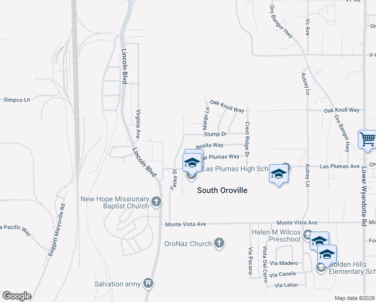 map of restaurants, bars, coffee shops, grocery stores, and more near 12 Rosita Way in Oroville