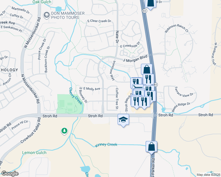map of restaurants, bars, coffee shops, grocery stores, and more near 12940 Norway Maple Street in Parker