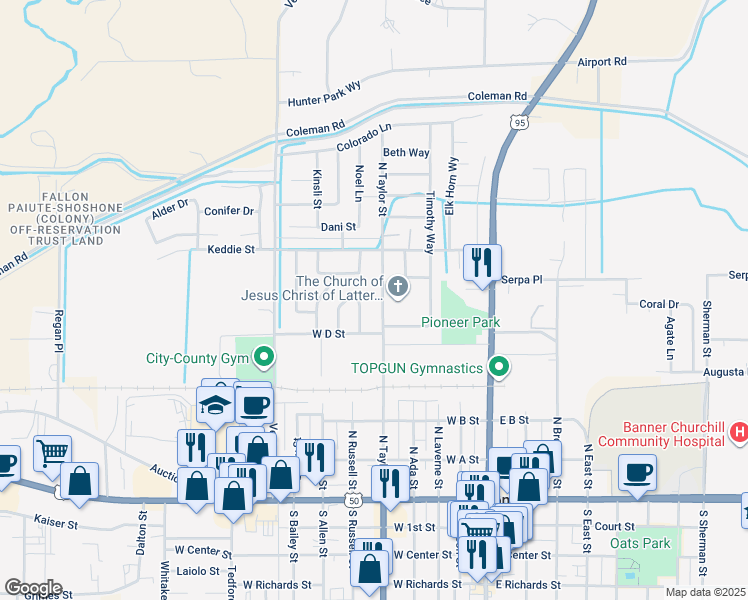 map of restaurants, bars, coffee shops, grocery stores, and more near 433 North Taylor Street in Fallon