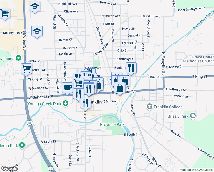 map of restaurants, bars, coffee shops, grocery stores, and more near 251 East Madison Street in Franklin