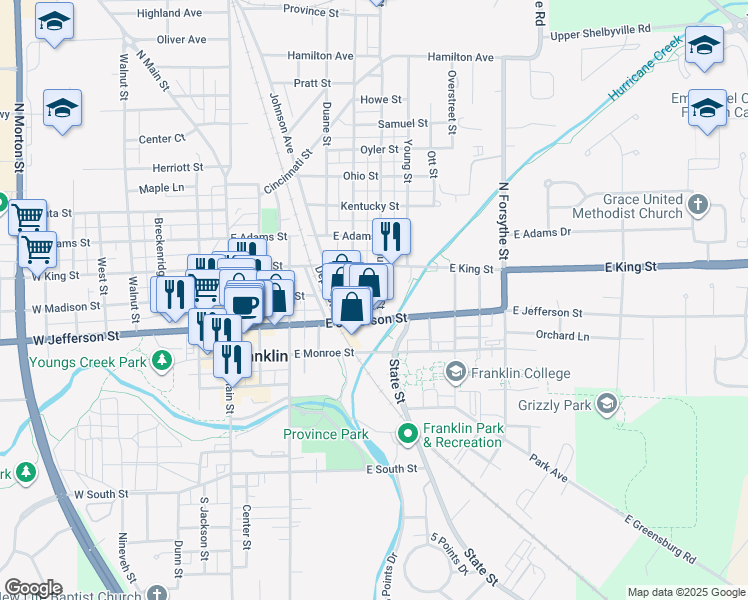 map of restaurants, bars, coffee shops, grocery stores, and more near 475 East Madison Street in Franklin