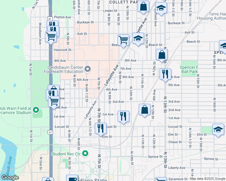 map of restaurants, bars, coffee shops, grocery stores, and more near 811 4th Avenue in Terre Haute