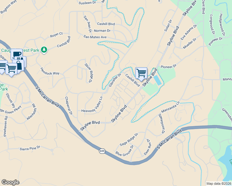 map of restaurants, bars, coffee shops, grocery stores, and more near 3455 Skyline Boulevard in Reno