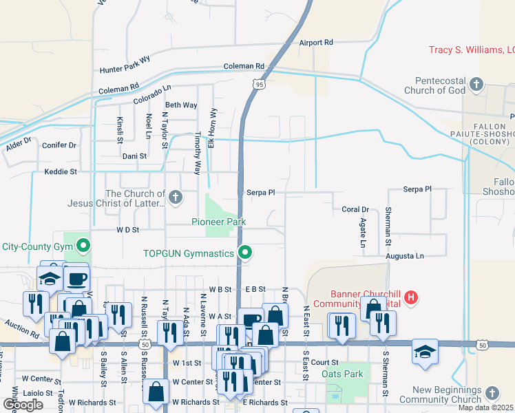 map of restaurants, bars, coffee shops, grocery stores, and more near 100 Serpa Place in Fallon