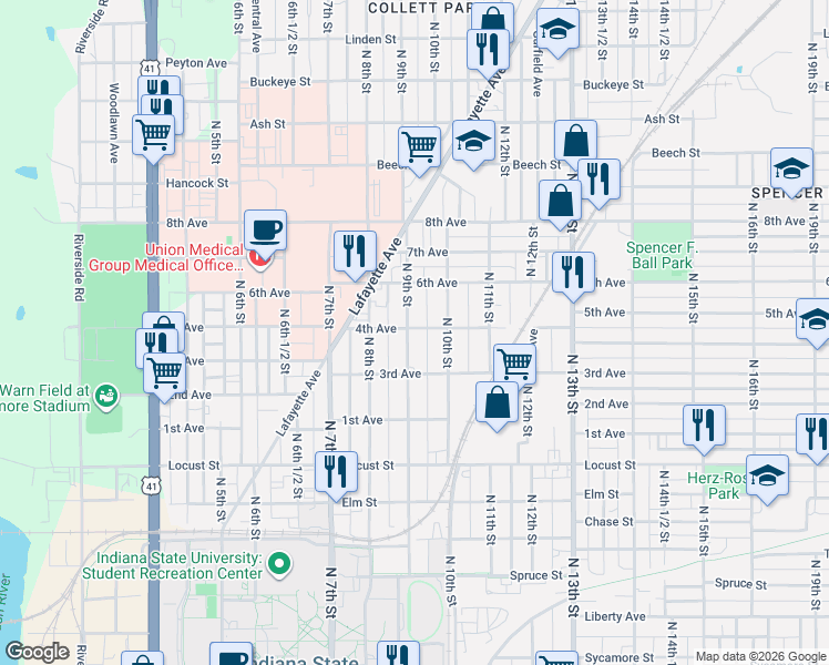 map of restaurants, bars, coffee shops, grocery stores, and more near 1143 North 9th Street in Terre Haute