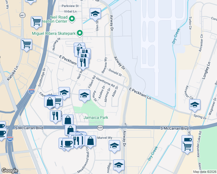 map of restaurants, bars, coffee shops, grocery stores, and more near 4481 Almond Drive in Reno