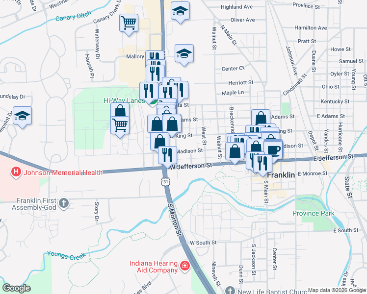 map of restaurants, bars, coffee shops, grocery stores, and more near 516 West Madison Street in Franklin