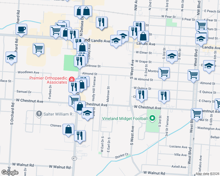map of restaurants, bars, coffee shops, grocery stores, and more near 75 Melrose Street in Vineland