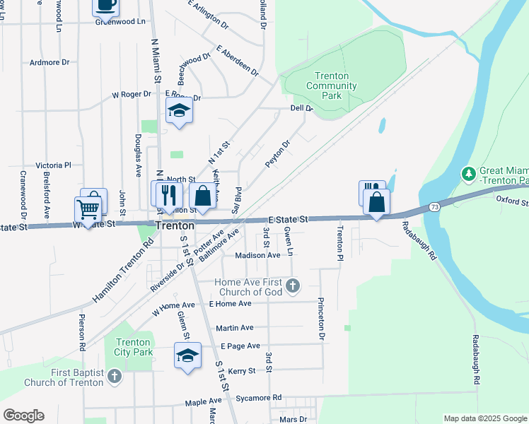 map of restaurants, bars, coffee shops, grocery stores, and more near 400 East State Street in Trenton