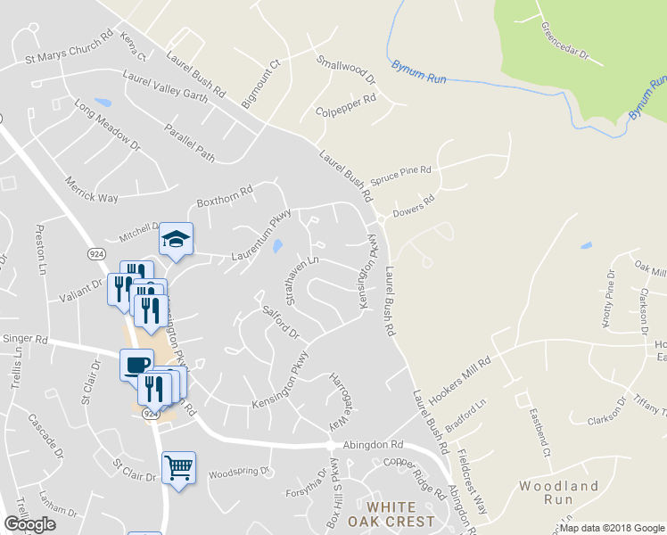 map of restaurants, bars, coffee shops, grocery stores, and more near 2909 Strathaven Lane in Abingdon