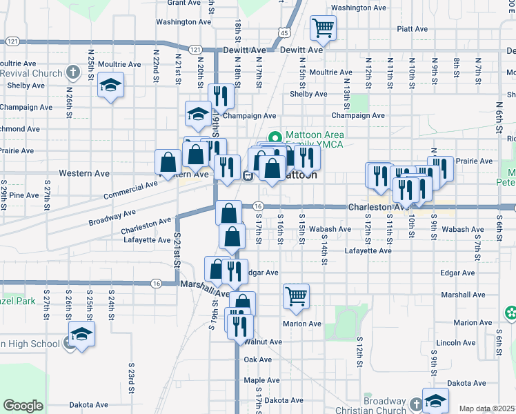 map of restaurants, bars, coffee shops, grocery stores, and more near 1701 Charleston Avenue in Mattoon