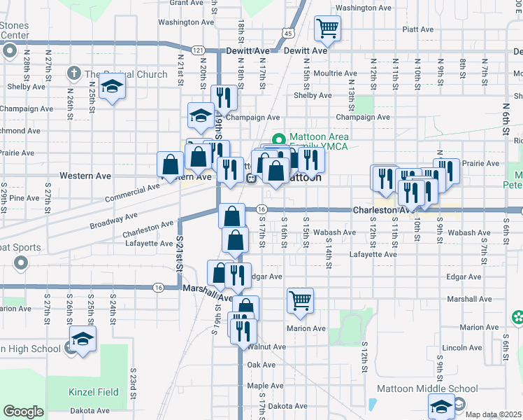 map of restaurants, bars, coffee shops, grocery stores, and more near 1701 Charleston Avenue in Mattoon