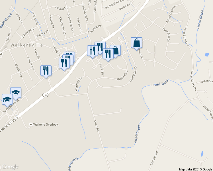 map of restaurants, bars, coffee shops, grocery stores, and more near 225 Challedon Drive in Walkersville