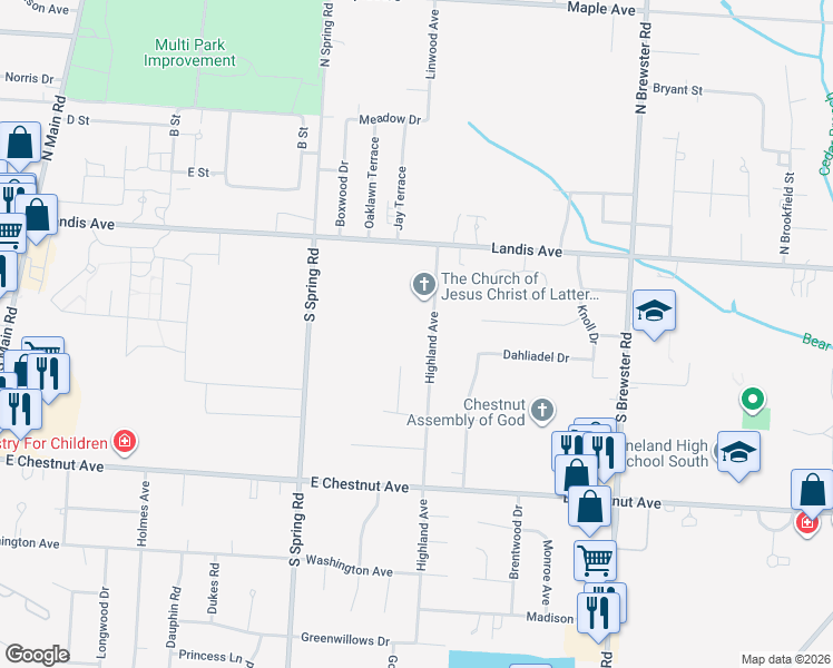 map of restaurants, bars, coffee shops, grocery stores, and more near 198 Highland Avenue in Vineland