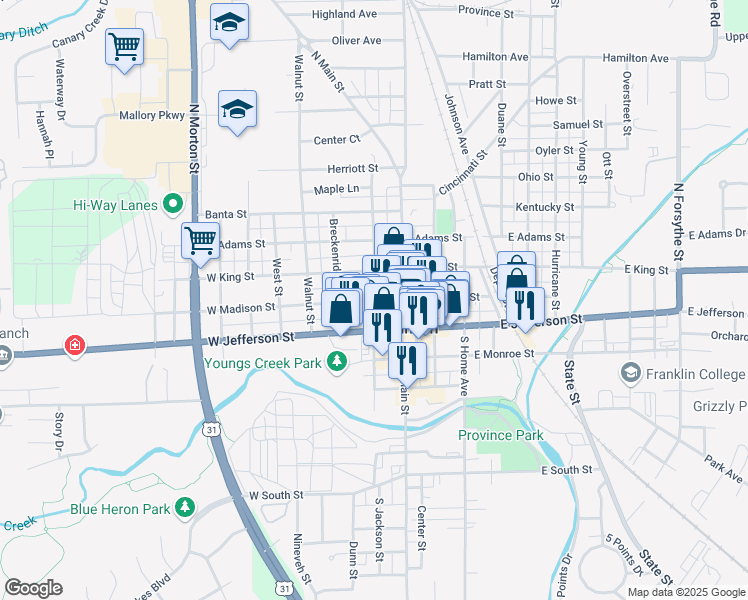 map of restaurants, bars, coffee shops, grocery stores, and more near 101 North Jackson Street in Franklin