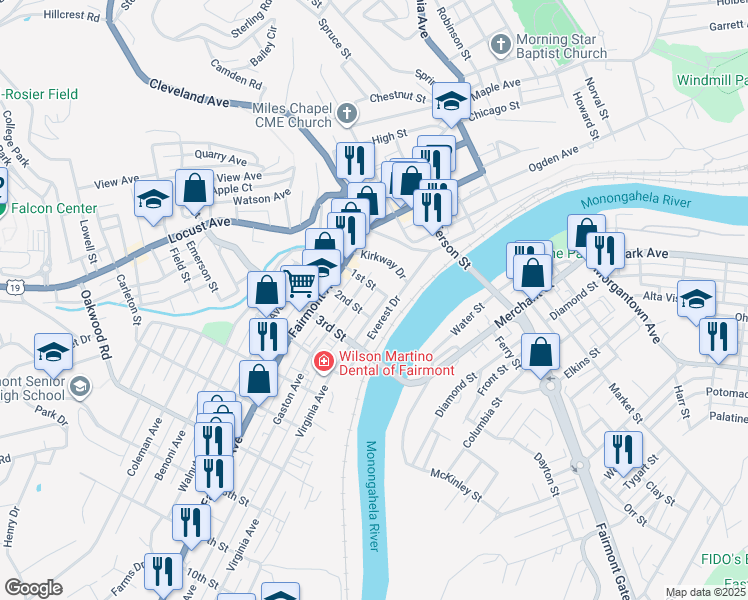 map of restaurants, bars, coffee shops, grocery stores, and more near 300 1st Street in Fairmont