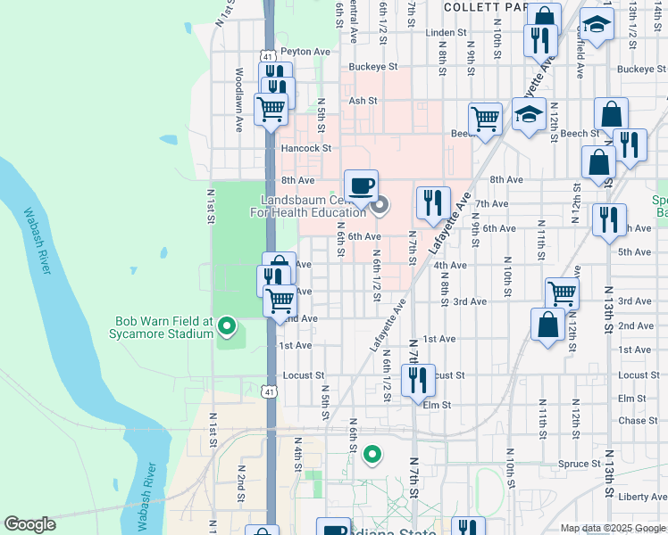 map of restaurants, bars, coffee shops, grocery stores, and more near 1232 North 6th Street in Terre Haute