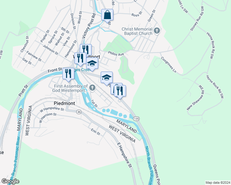 map of restaurants, bars, coffee shops, grocery stores, and more near 172 Church Street in Westernport