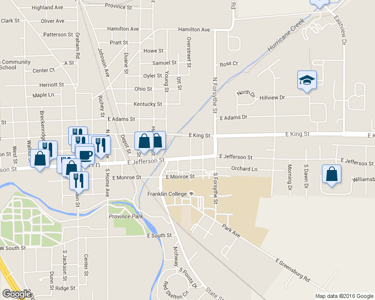 map of restaurants, bars, coffee shops, grocery stores, and more near 48 North Edwards Street in Franklin