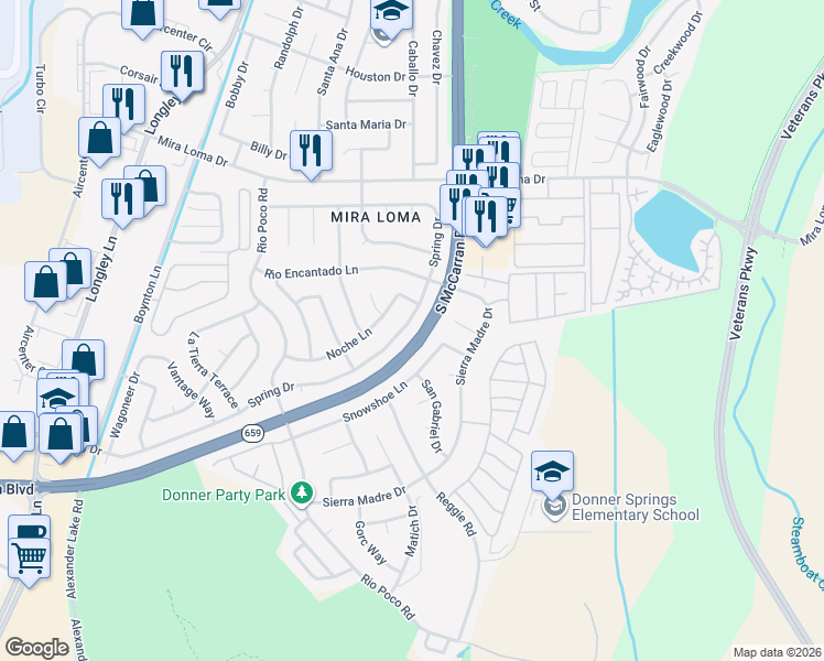 map of restaurants, bars, coffee shops, grocery stores, and more near 4740 Spring Drive in Reno