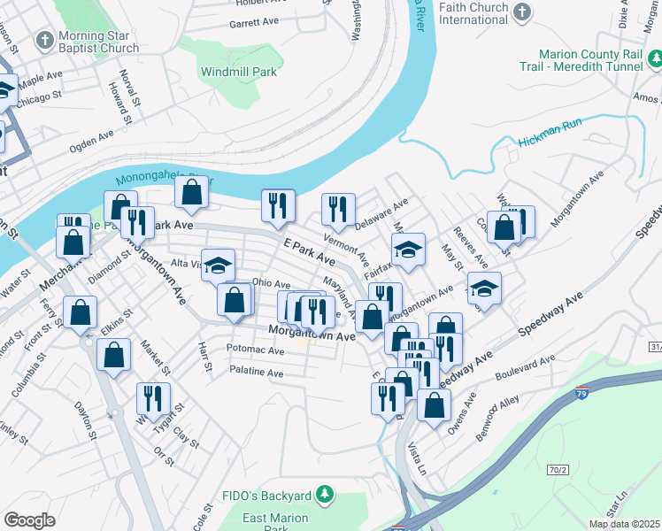 map of restaurants, bars, coffee shops, grocery stores, and more near 707 East Park Avenue in Fairmont