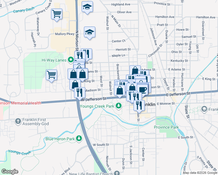 map of restaurants, bars, coffee shops, grocery stores, and more near 300 W Madison St in Franklin