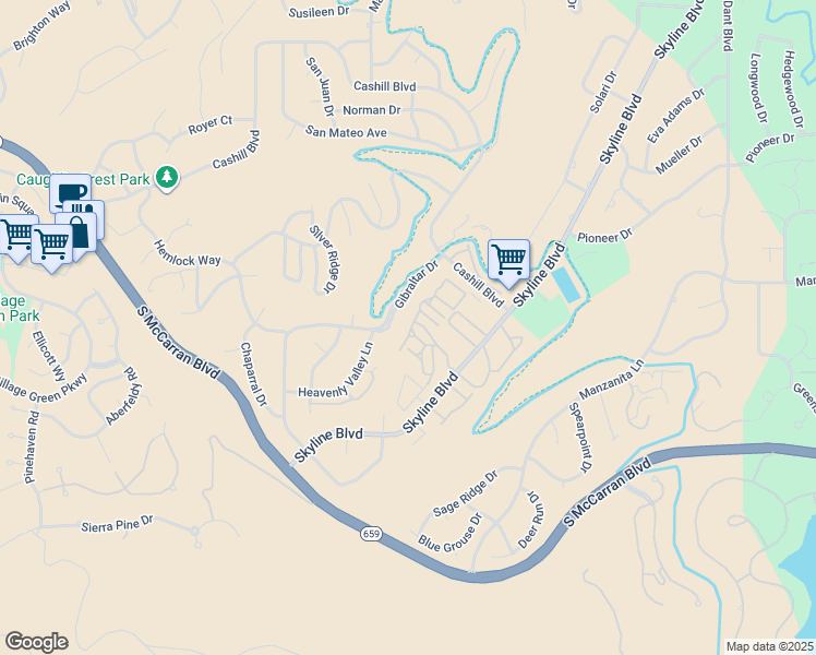 map of restaurants, bars, coffee shops, grocery stores, and more near 3455 Skyline Boulevard in Reno