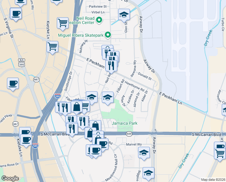map of restaurants, bars, coffee shops, grocery stores, and more near 4700 Filbert Road in Reno