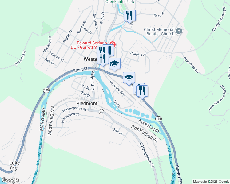 map of restaurants, bars, coffee shops, grocery stores, and more near 103 1st St in Westernport