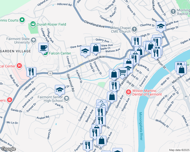 map of restaurants, bars, coffee shops, grocery stores, and more near 812 Field Street in Fairmont
