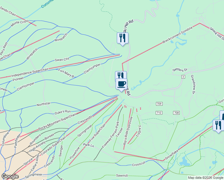 map of restaurants, bars, coffee shops, grocery stores, and more near 107 Skiwatch Drive in Breckenridge