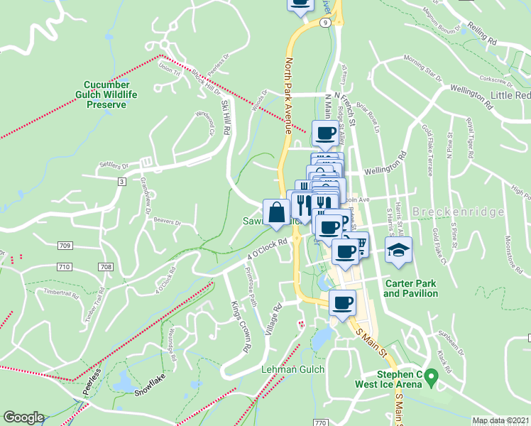 map of restaurants, bars, coffee shops, grocery stores, and more near 114 Streamside Circle in Breckenridge