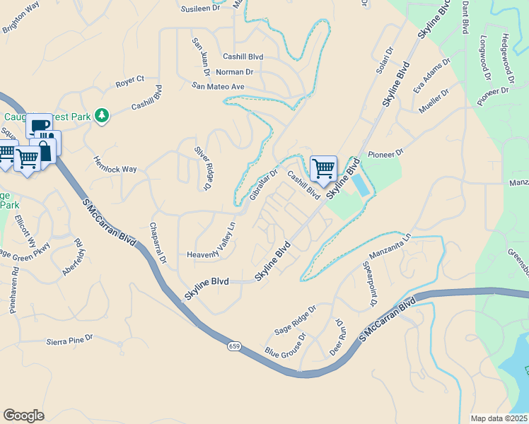 map of restaurants, bars, coffee shops, grocery stores, and more near 3455 Skyline Boulevard in Reno