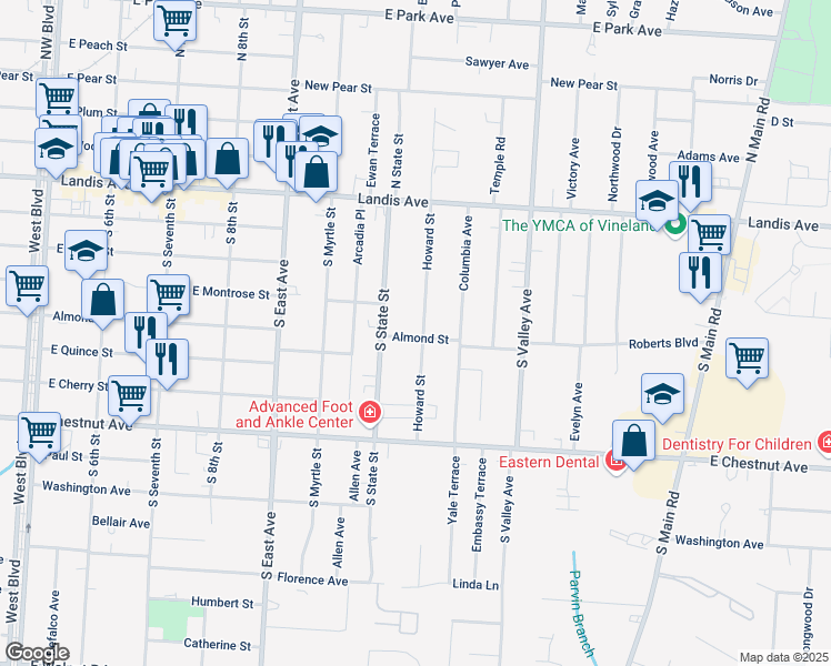 map of restaurants, bars, coffee shops, grocery stores, and more near 48 Howard Street in Vineland