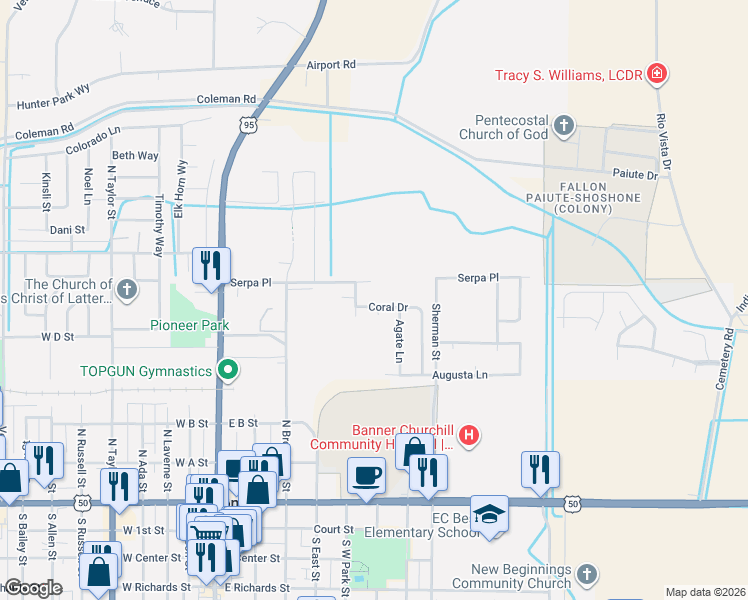 map of restaurants, bars, coffee shops, grocery stores, and more near 489 Coral Drive in Fallon