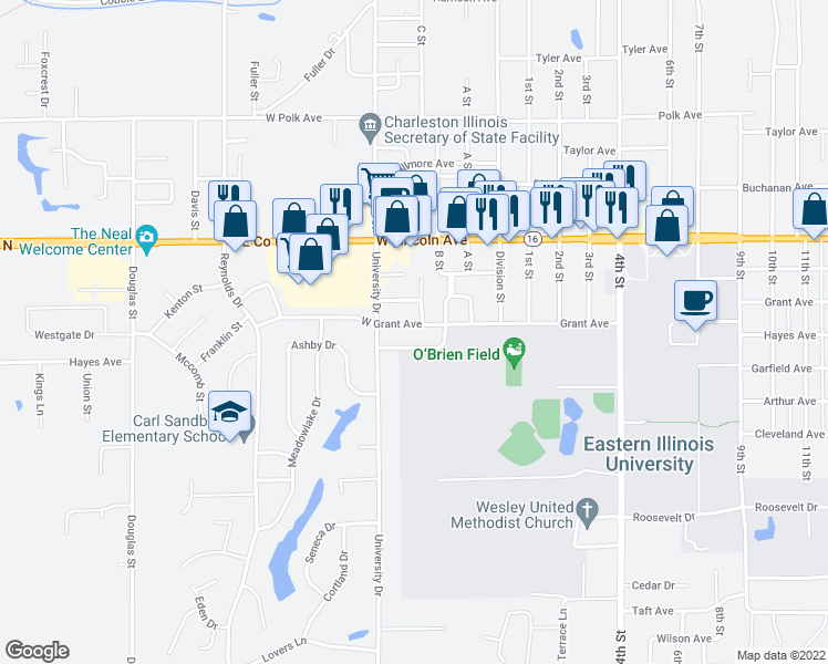 map of restaurants, bars, coffee shops, grocery stores, and more near 204 West Grant Avenue in Charleston
