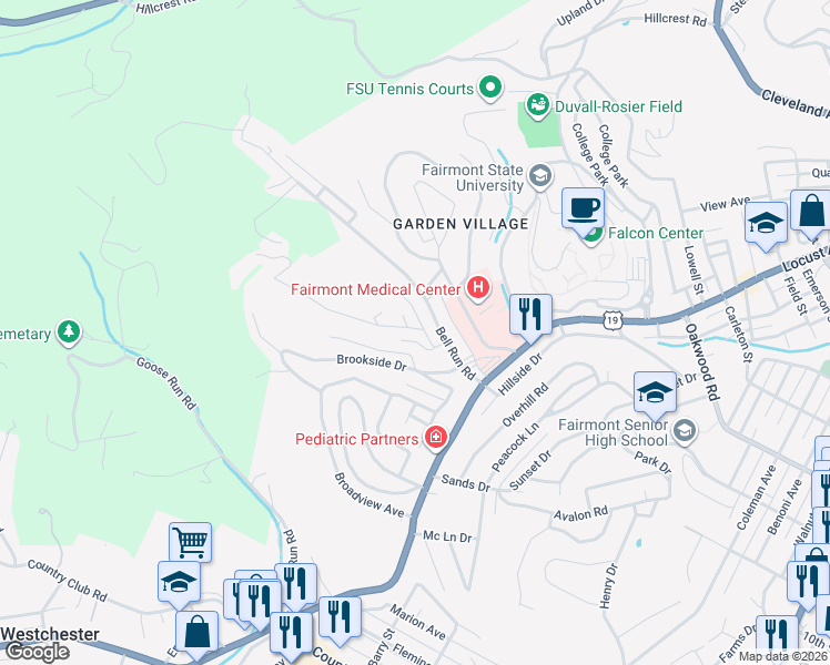 map of restaurants, bars, coffee shops, grocery stores, and more near 1042 Westview Drive in Fairmont